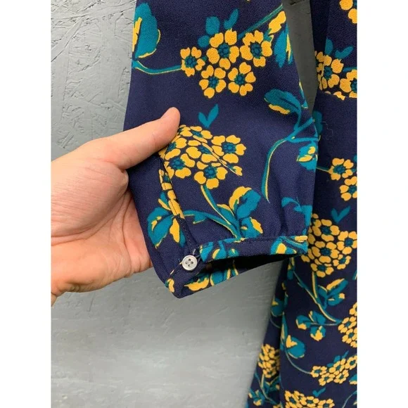J.Crew Wrap Dress 00 Navy Yellow Floral 3/4 Sleeve Mini V Neck Women's Polyester - Picture 3 of 9